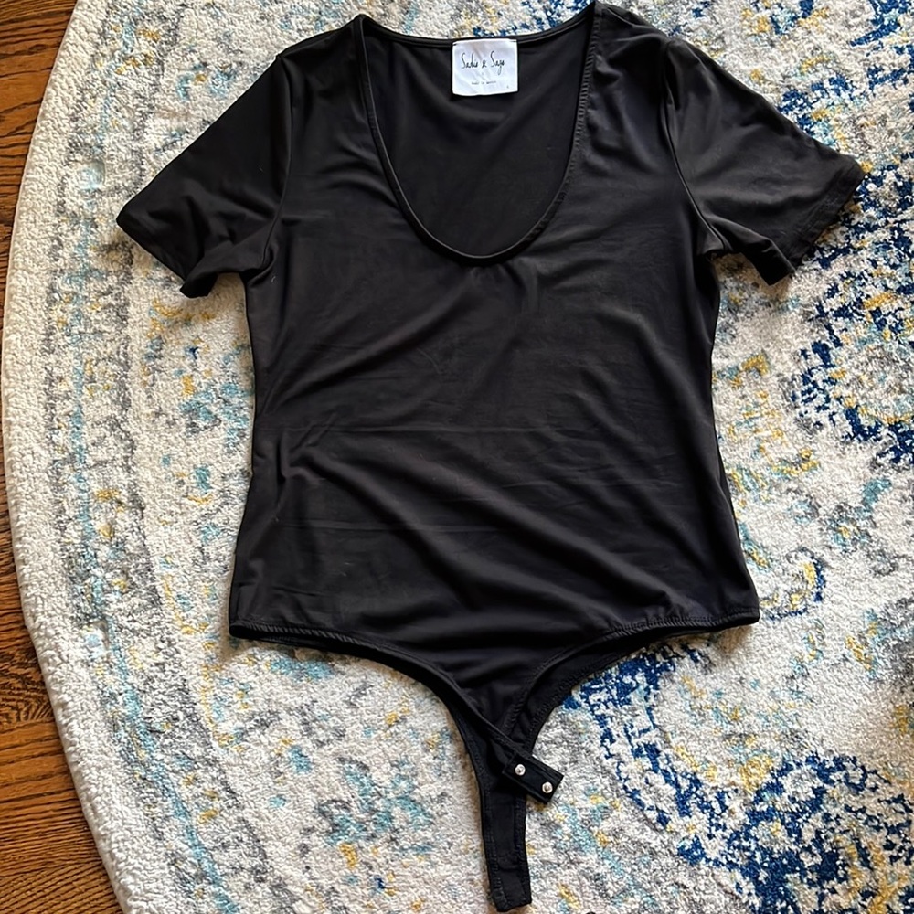 Short sleeve black scoop neck bodysuit by Sadie & Sage